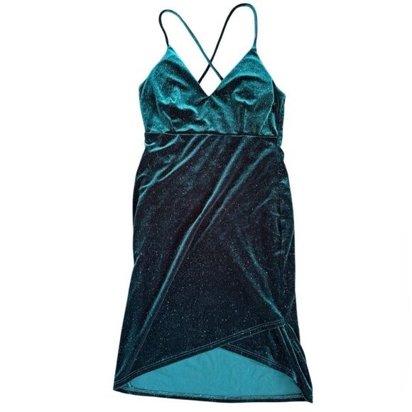 Windsor Women's Green Sparkle Velvet V Neck Mini Dress Size Small - Picture 3 of 6